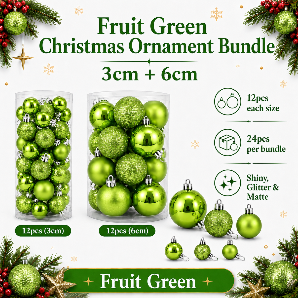 Shiny & Matte Christmas Ornament Bundle – 3cm + 6cm
