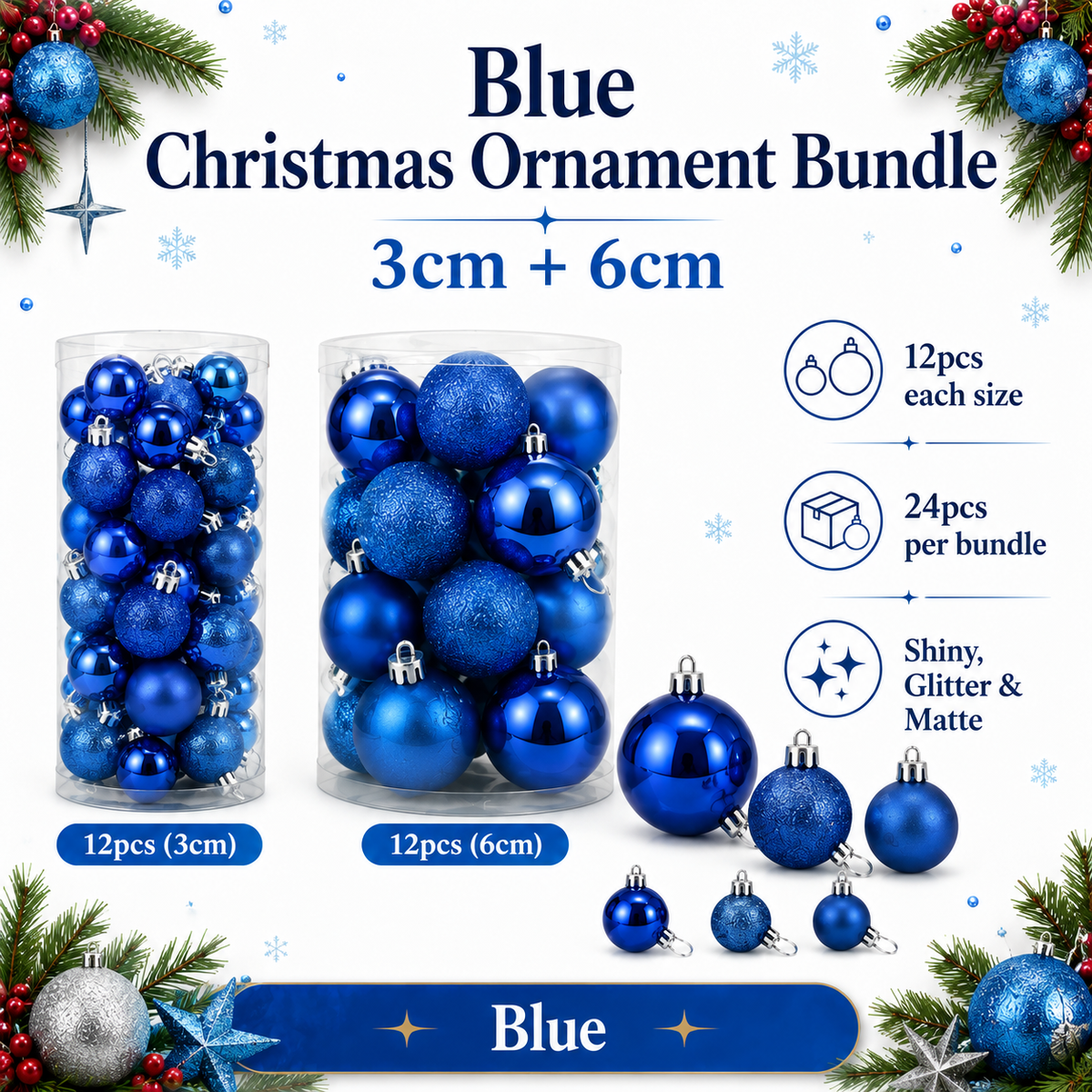 Shiny & Matte Christmas Ornament Bundle – 3cm + 6cm