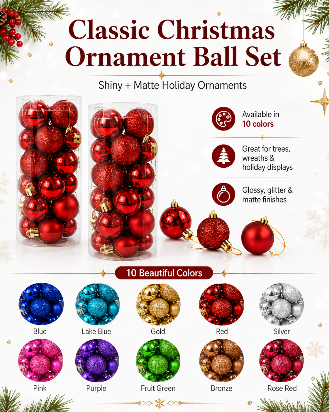 Shiny & Matte Christmas Ornament Bundle – 3cm + 6cm