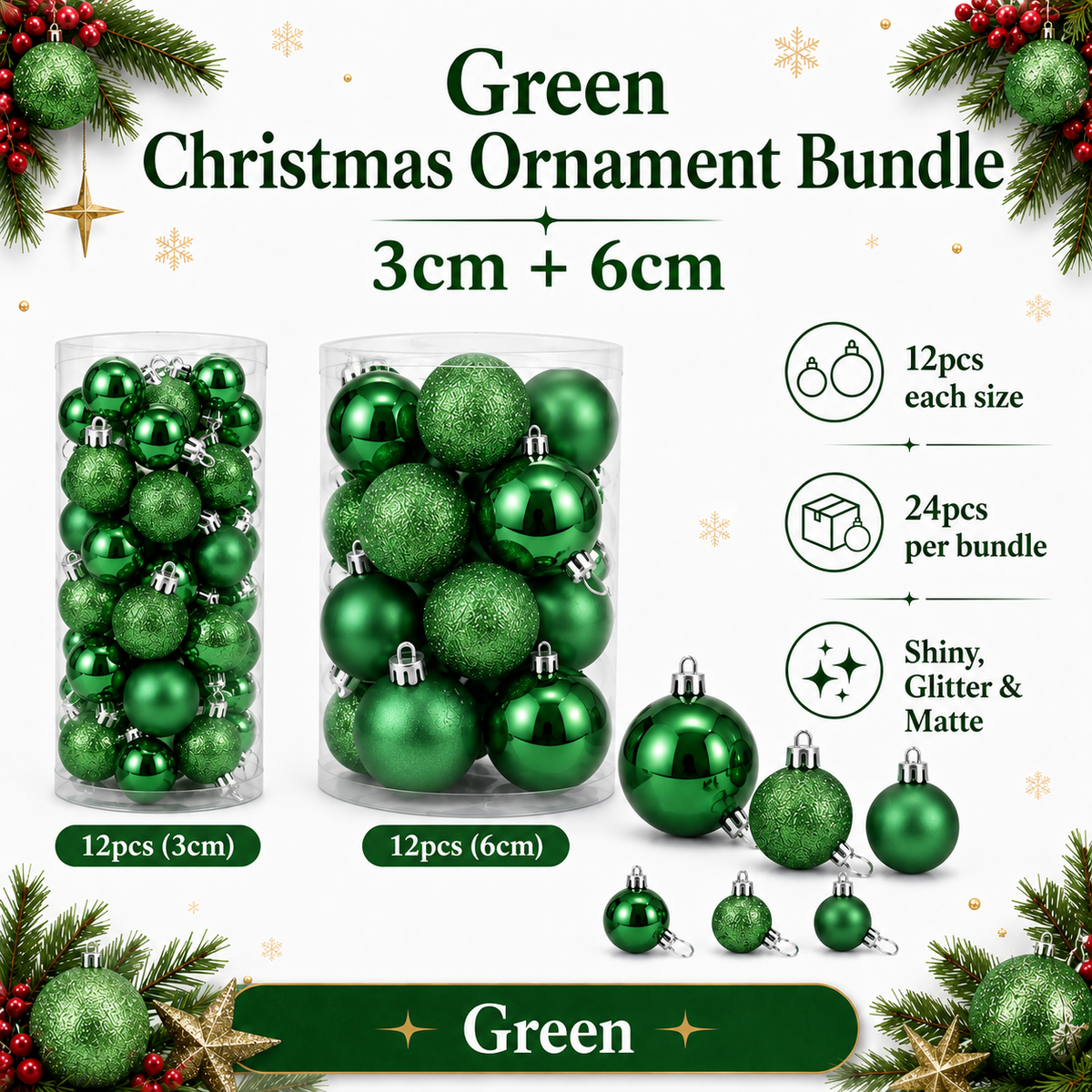 Shiny & Matte Christmas Ornament Bundle – 3cm + 6cm