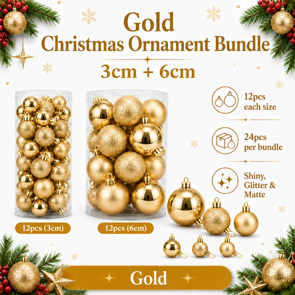 Shiny & Matte Christmas Ornament Bundle – 3cm + 6cm