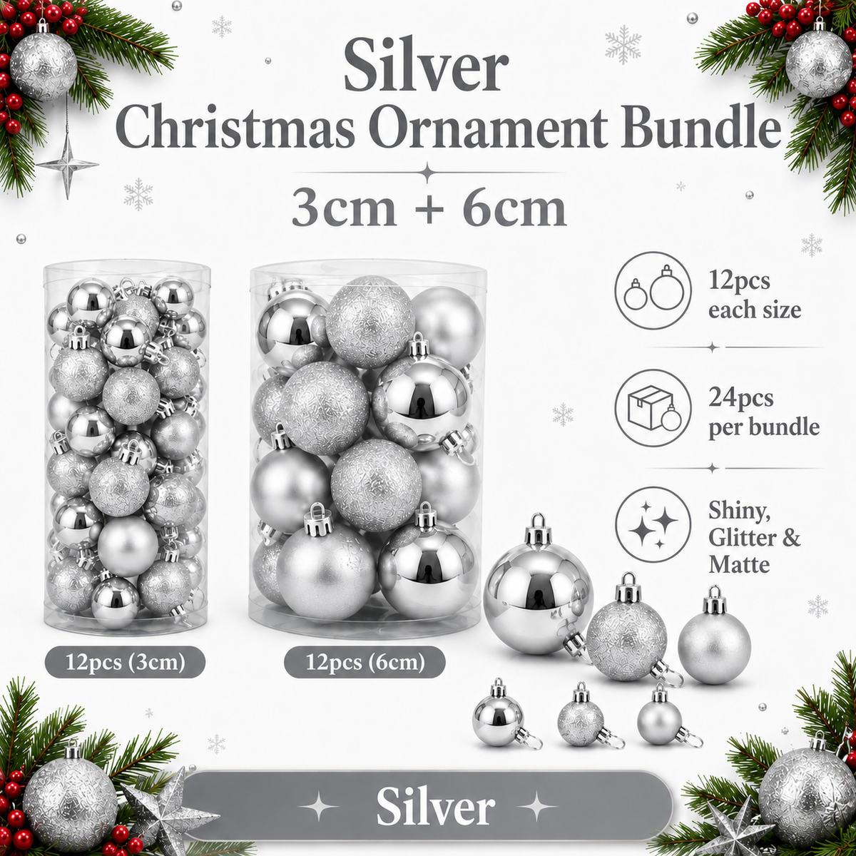 Shiny & Matte Christmas Ornament Bundle – 3cm + 6cm